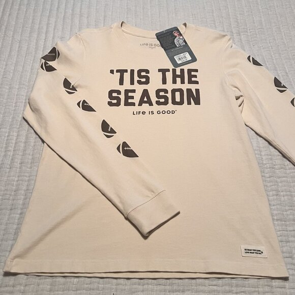NWT Life Is Good Football Long Sleeve Women’s ’Tis The Season Shirt Small Beige - Picture 3 of 3